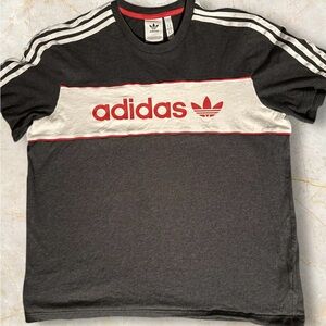 Adidas Charcoal and White Tee with Red Logo